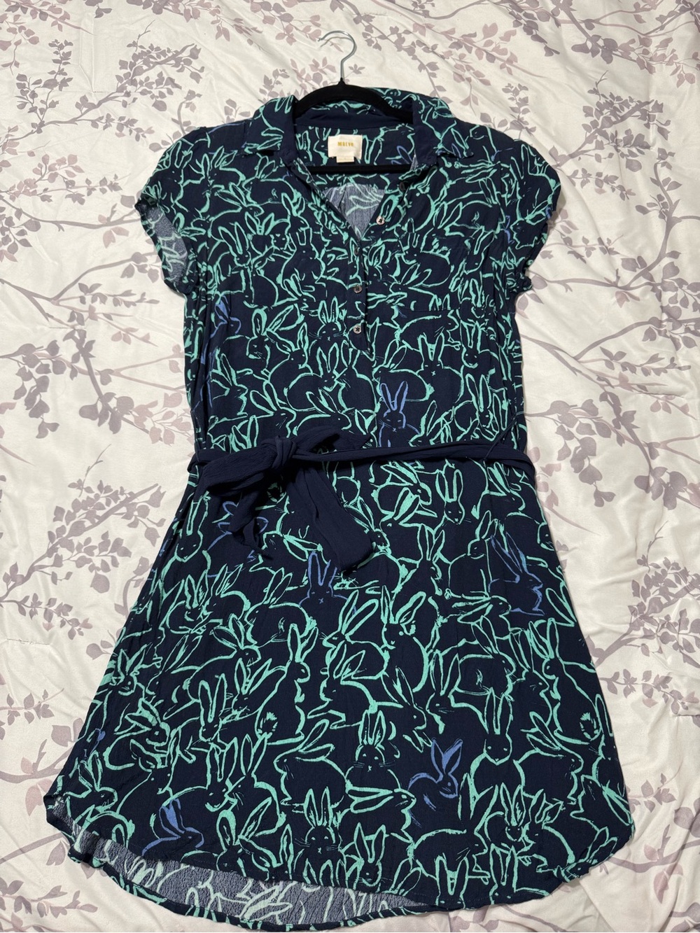 Anthropologie Maeve Navy Blue Dress with Teal & Light Blue Rabbit Print
